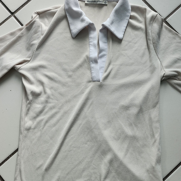 Abercrombie & Fitch Tops - Abercrombie & Fitch Cream Ribbed Polo Shirt with White Collar